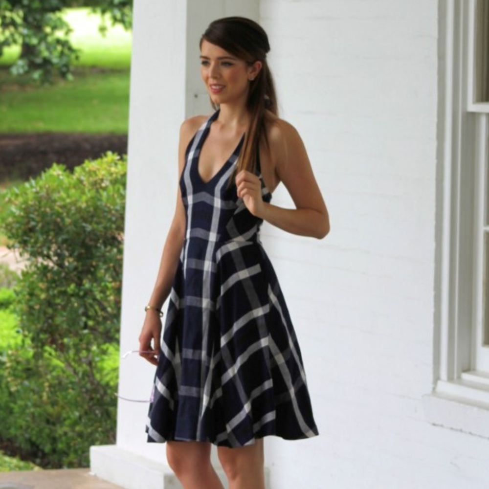 NWOT Anthropologie Dark blue plaid halter dress